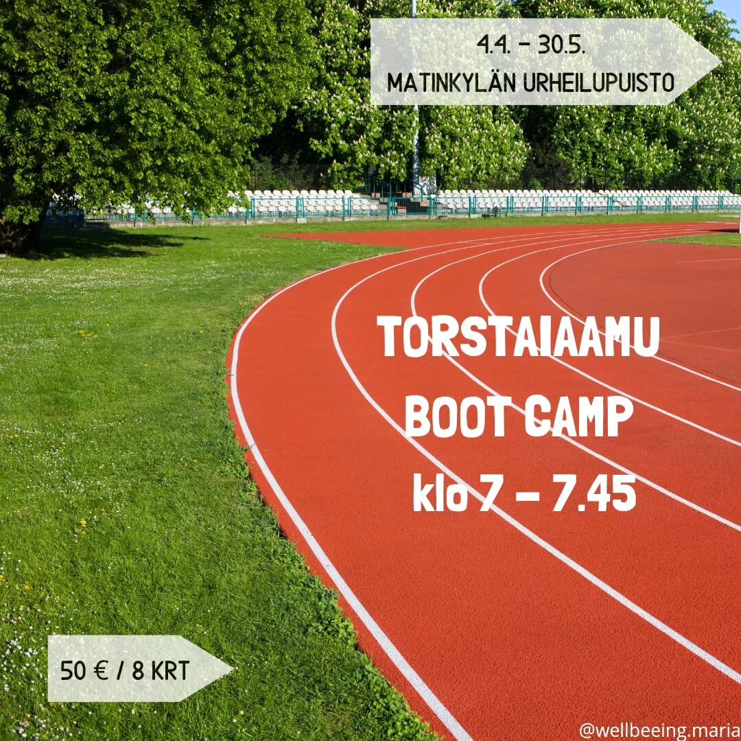 🔥Tervetuloa Boot Campiin!🔥 

Haluatko aloittaa p&auml;iv&auml;si t&auml;ydell&auml; energialla ja voimalla? Liity mukaan torstai aamuisin j&auml;rjestett&auml;v&auml;&auml;n Boot Camp -treeniin klo 7.00-7.45! 

Boot Camp tarjoaa sinulle monipuolise