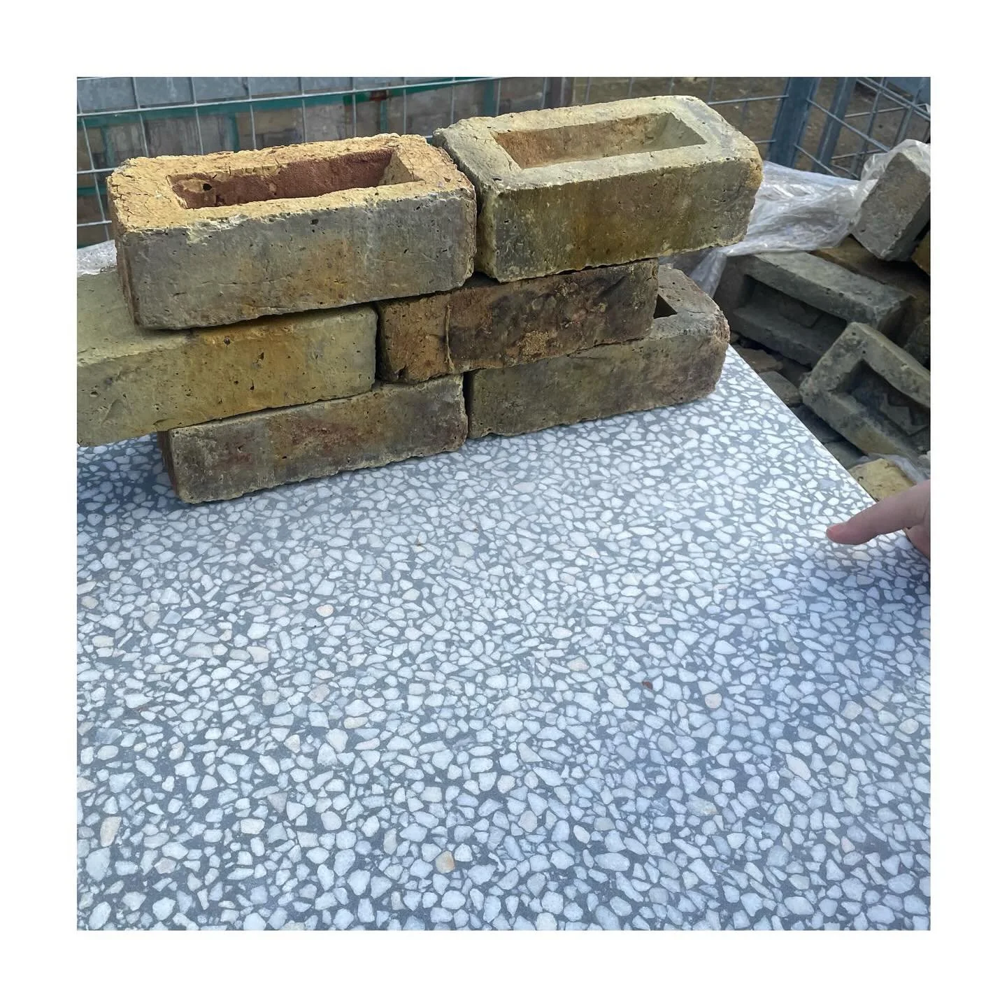 Matching Terrazzo with London Stock brick this morning at the builder&rsquo;s yard. It&rsquo;s a combination that is unusual but pleasingly lively, and refreshing&hellip; satisfying to see proof of concept&hellip; Thanks to @solusceramics for lovely 