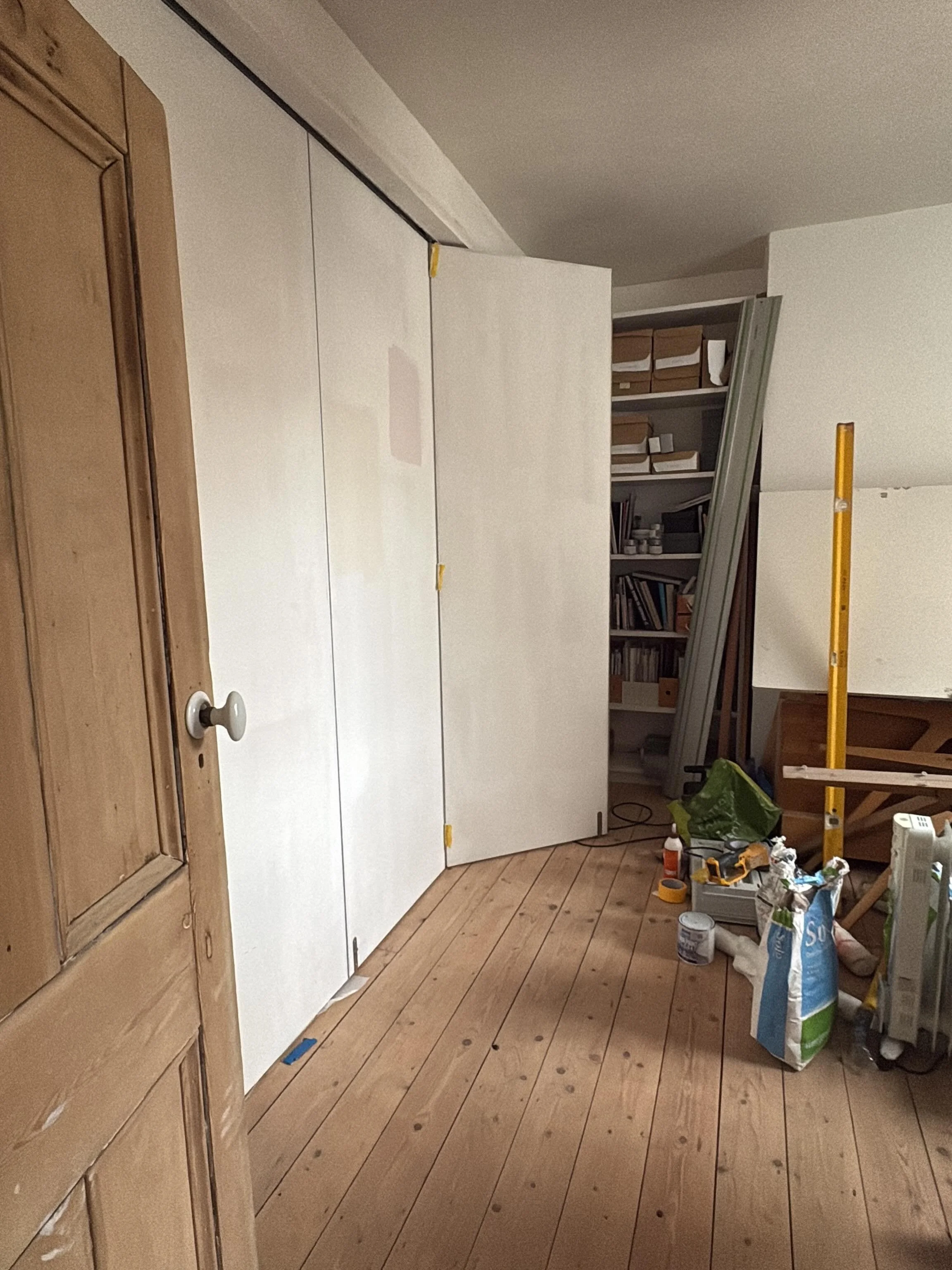 Sliding stacking doors in progress, these are 4 panels and the result is to compliment the generous proportions of the rooms they sit between. Arguably smaller panels, and 6, would have been less heavy and taken up less space when opening&hellip; but