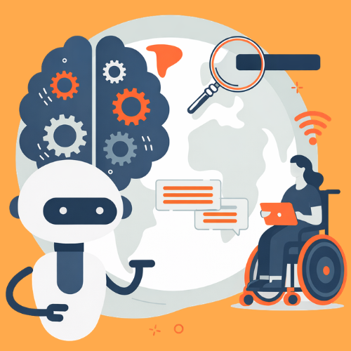 Illustration of a robot with gear-like brain graphics beside a globe, and a person in a wheelchair using a laptop, with digital icons around them.