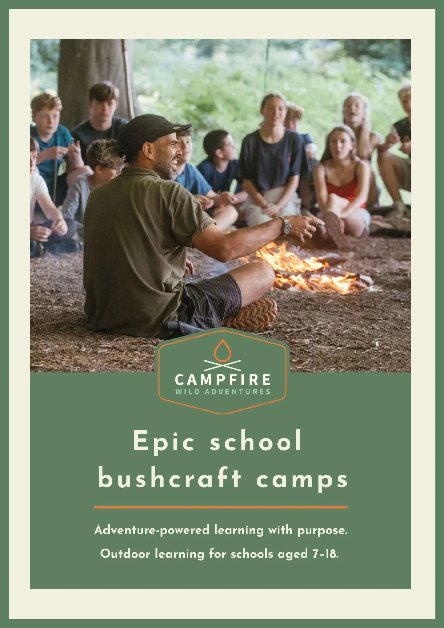 Cover of the Campfire Wild Adventures school brochure showing an instructor leading pupils around a campfire