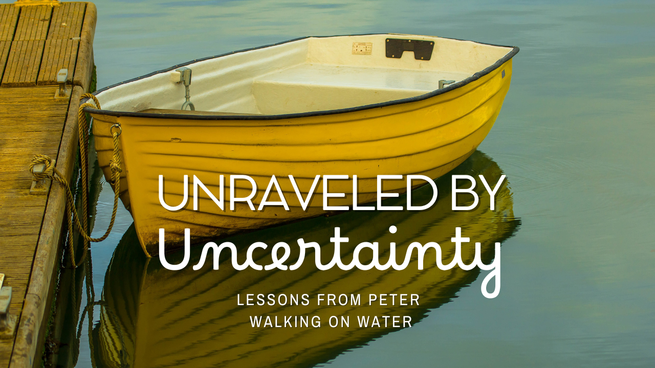 Yellow boat reflected in water with words Unraveled by Uncertainty on overlayed