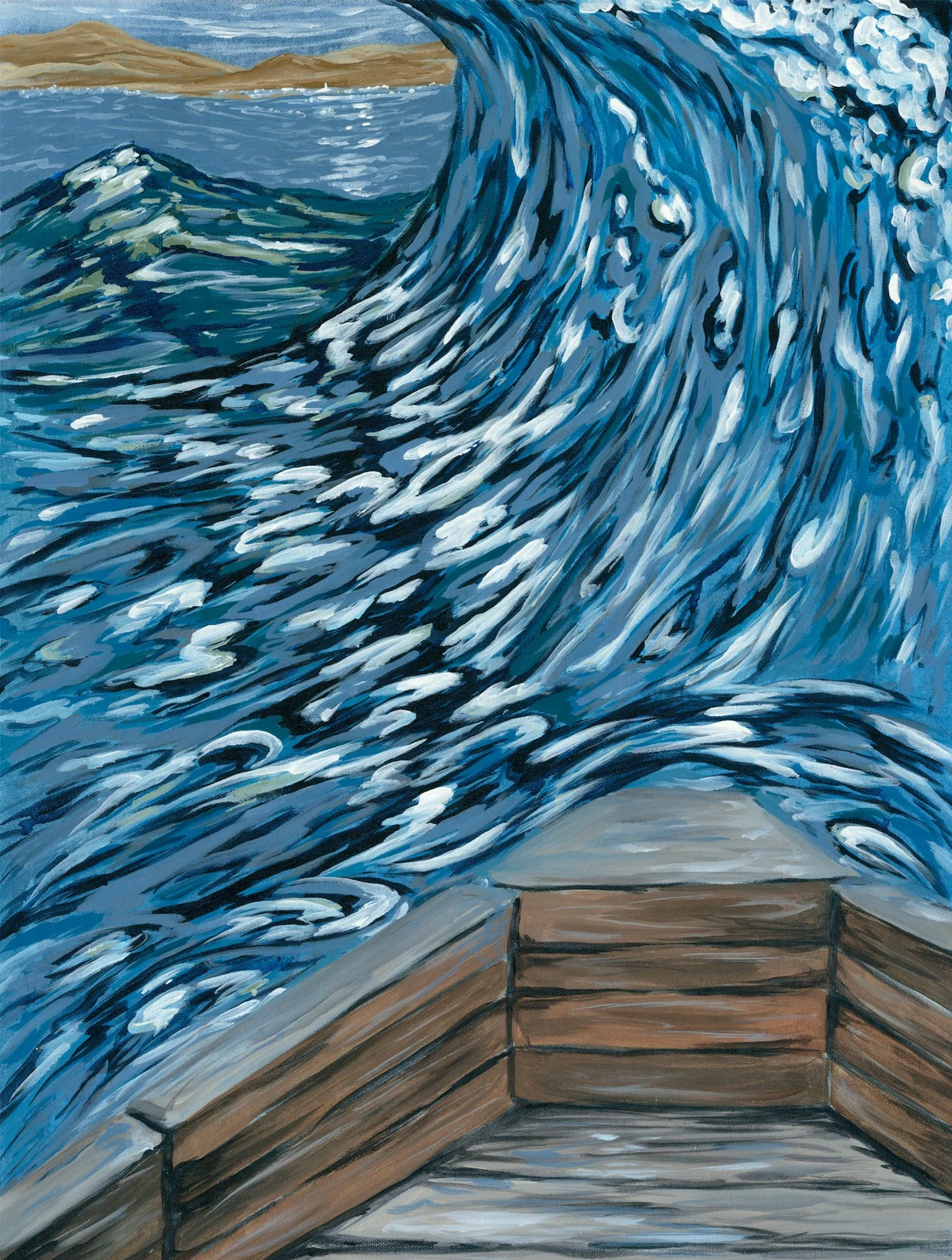 Image of acryllic painting of water swelling over a boat edge