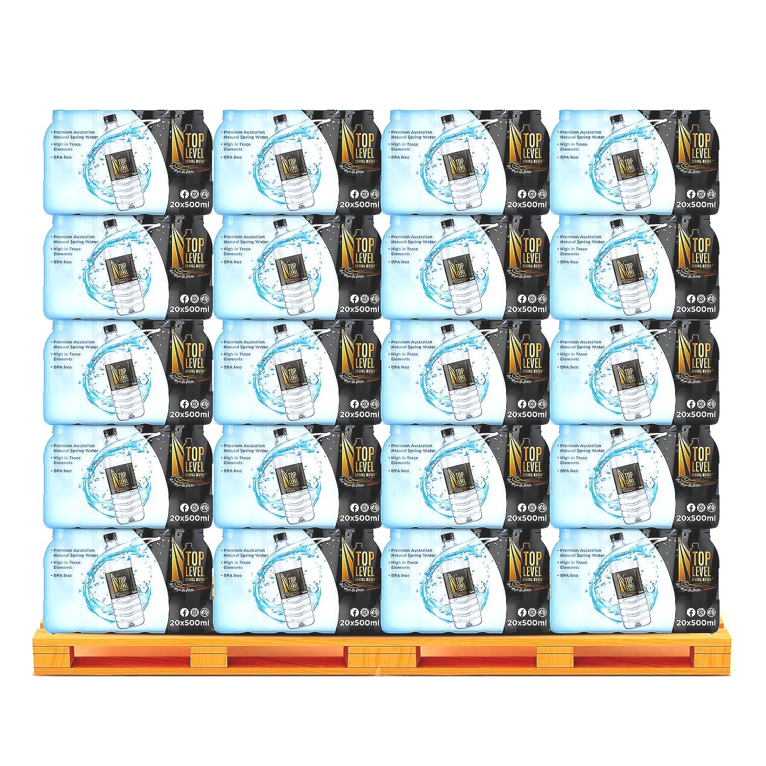 Multiple packs of bottled spring water stacked on a pallet, each pack containing twenty 500ml bottles, with a black and white label featuring a water splash and a stylized bottle image.