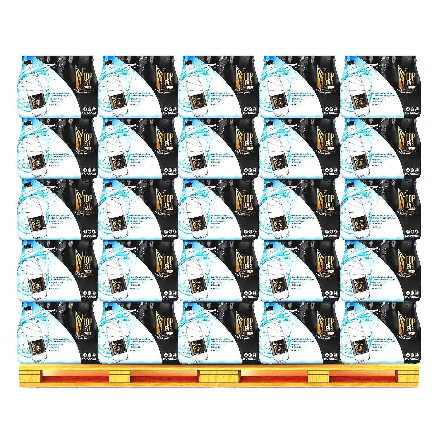 Display of multiple packs of sparkling water on a wooden pallet.