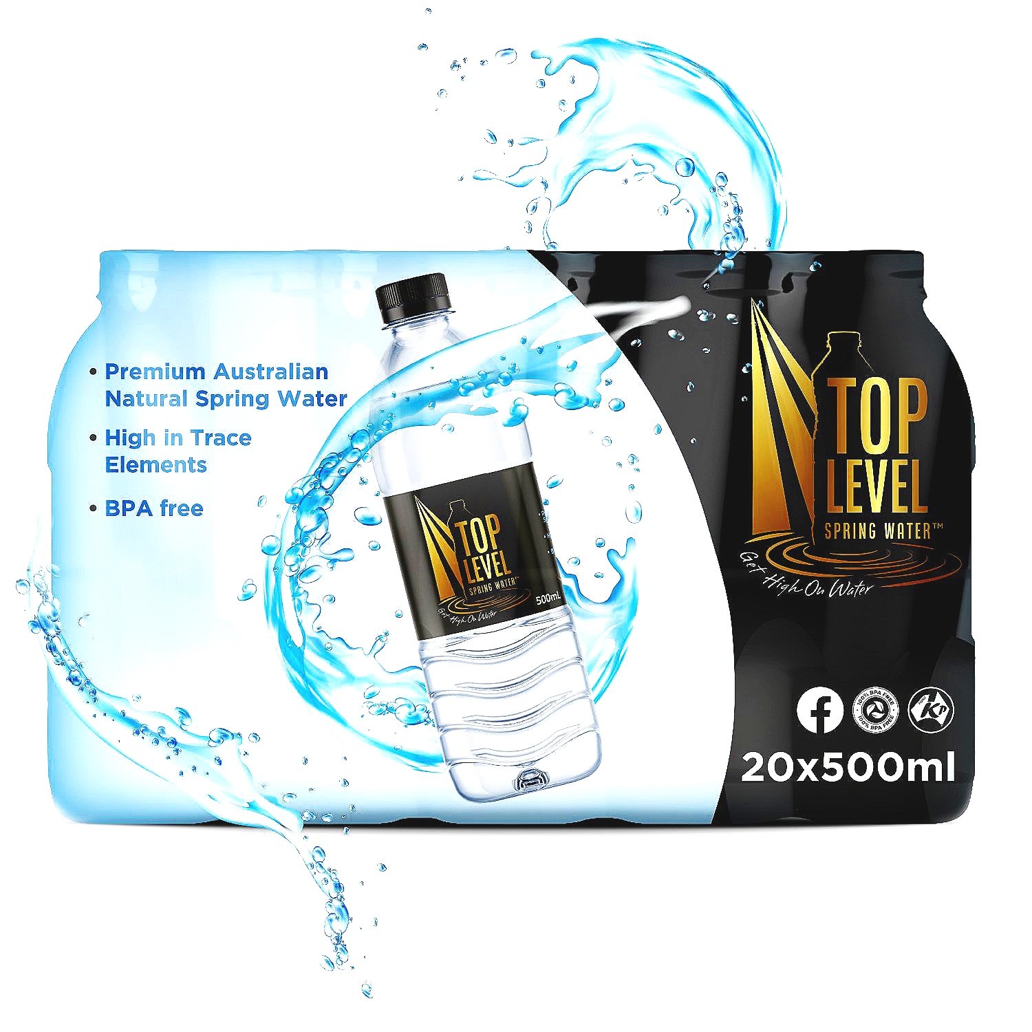 Pack of 20 bottles of Top Level Spring Water, 500ml each, with a separate label highlighting Australian spring water, trace elements, and BPA free. The image features a water bottle with splash effects and icons indicating social media and eco-friend