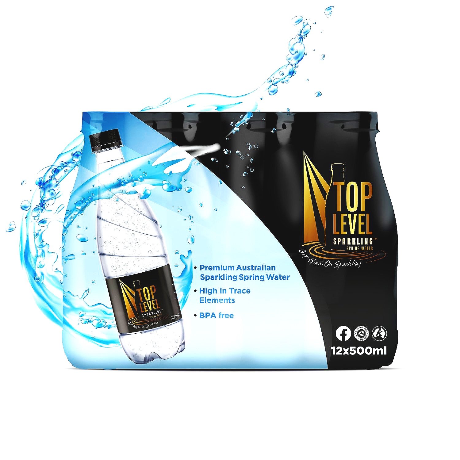 A 12-pack of 500ml bottles of sparkling spring water called Top Level, with an image of a single bottle splashing water, and features listed as premium Australian sparkling spring water, high in trace elements, and BPA free.
