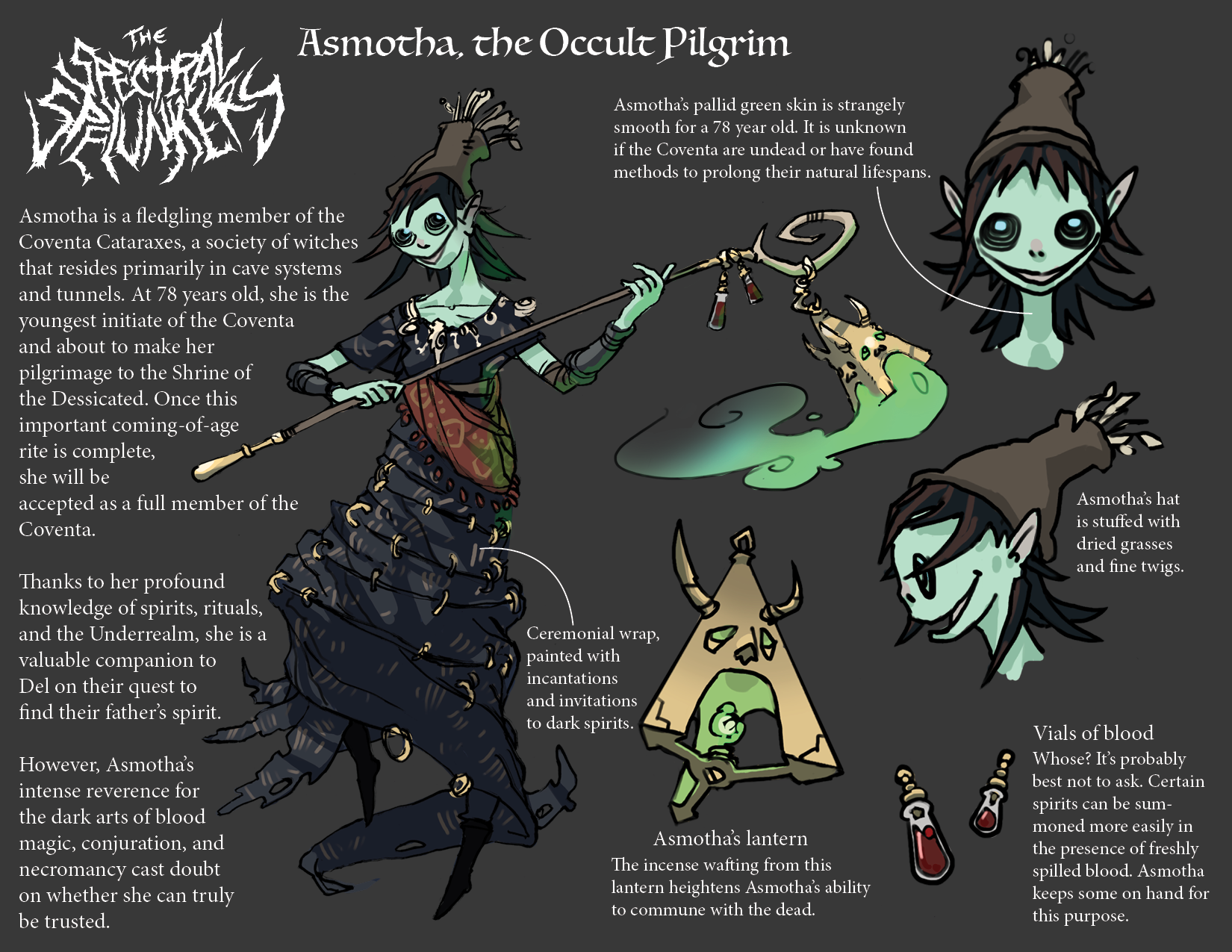 An illustrated character named Asmotha, the occult pilgrim, who is a member of the Coventa Cataraxes society of witches. She has pale green skin, pointed ears, and wears a hat with dried grasses and twigs. She holds a staff and is dressed in a dark, 