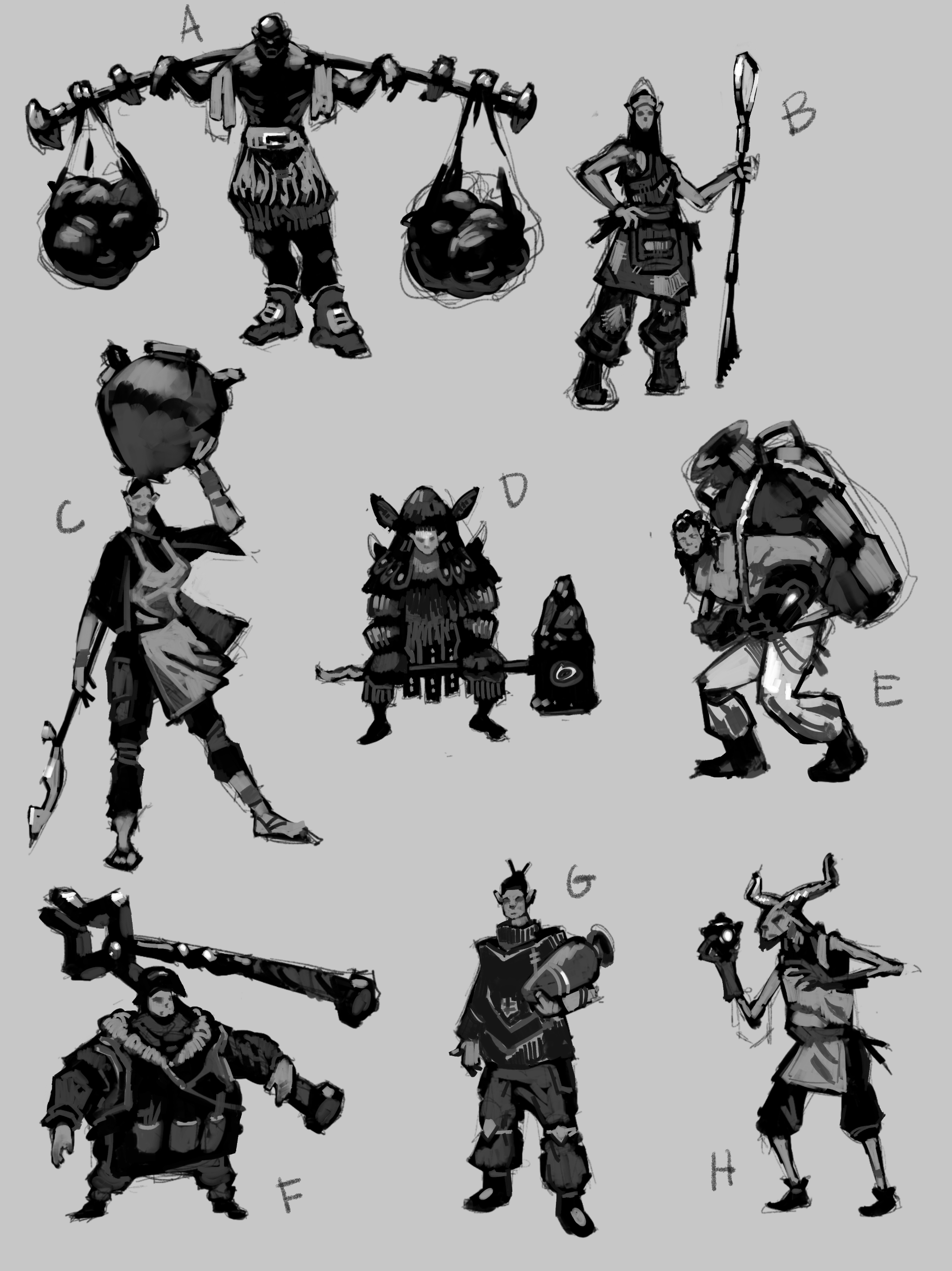 A collection of eight fantasy-style characters, each with unique costumes and weapons, labeled from A to H.