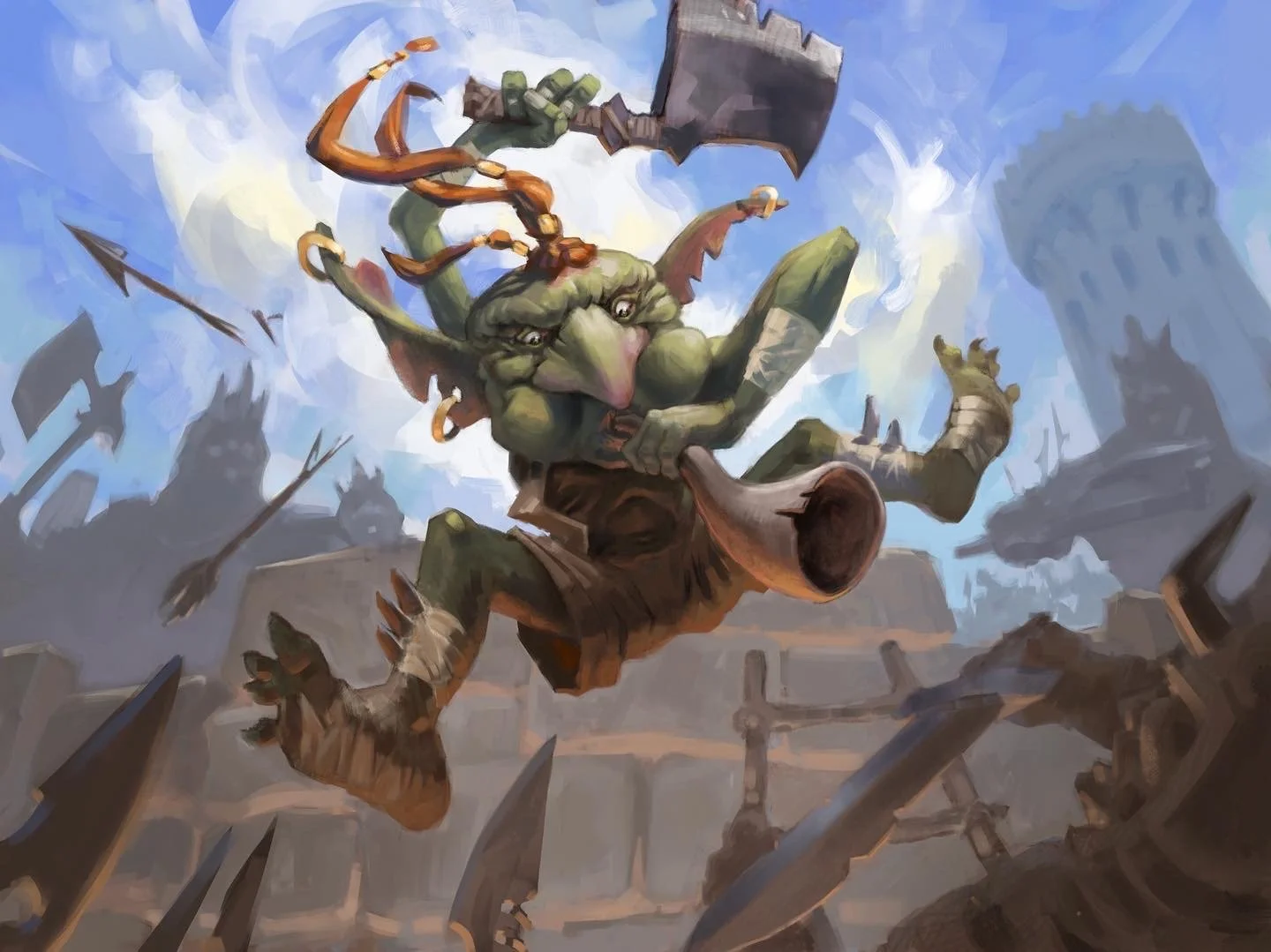 A cartoon-style goblin with green skin and beady eyes jumping in the air wielding a large cleaver, surrounded by a chaotic battlefield with spears and battlements in the background.