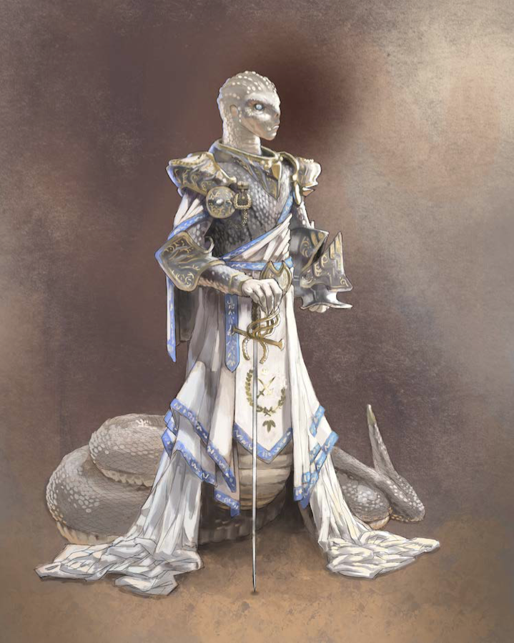 A humanoid snake dressed in a fantasy royal outfit with armor, a sash, and a long dress, standing and holding an ornate rapier.