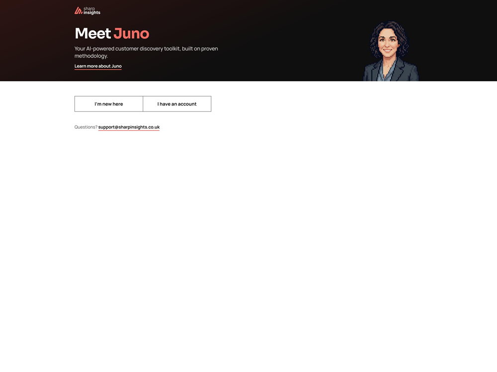 Juno start screen, choosing I'm new here or I have an account