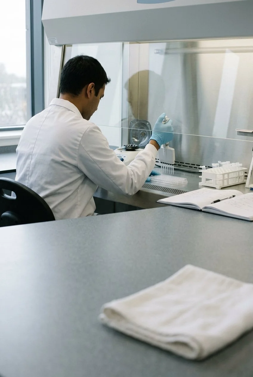 A researcher pipetting into a well plate at a laboratory bench