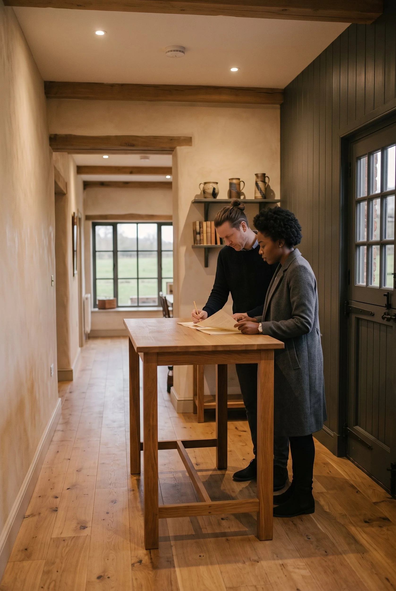 Two colleagues reviewing printed pages at a tall table in a timber-panelled hallway