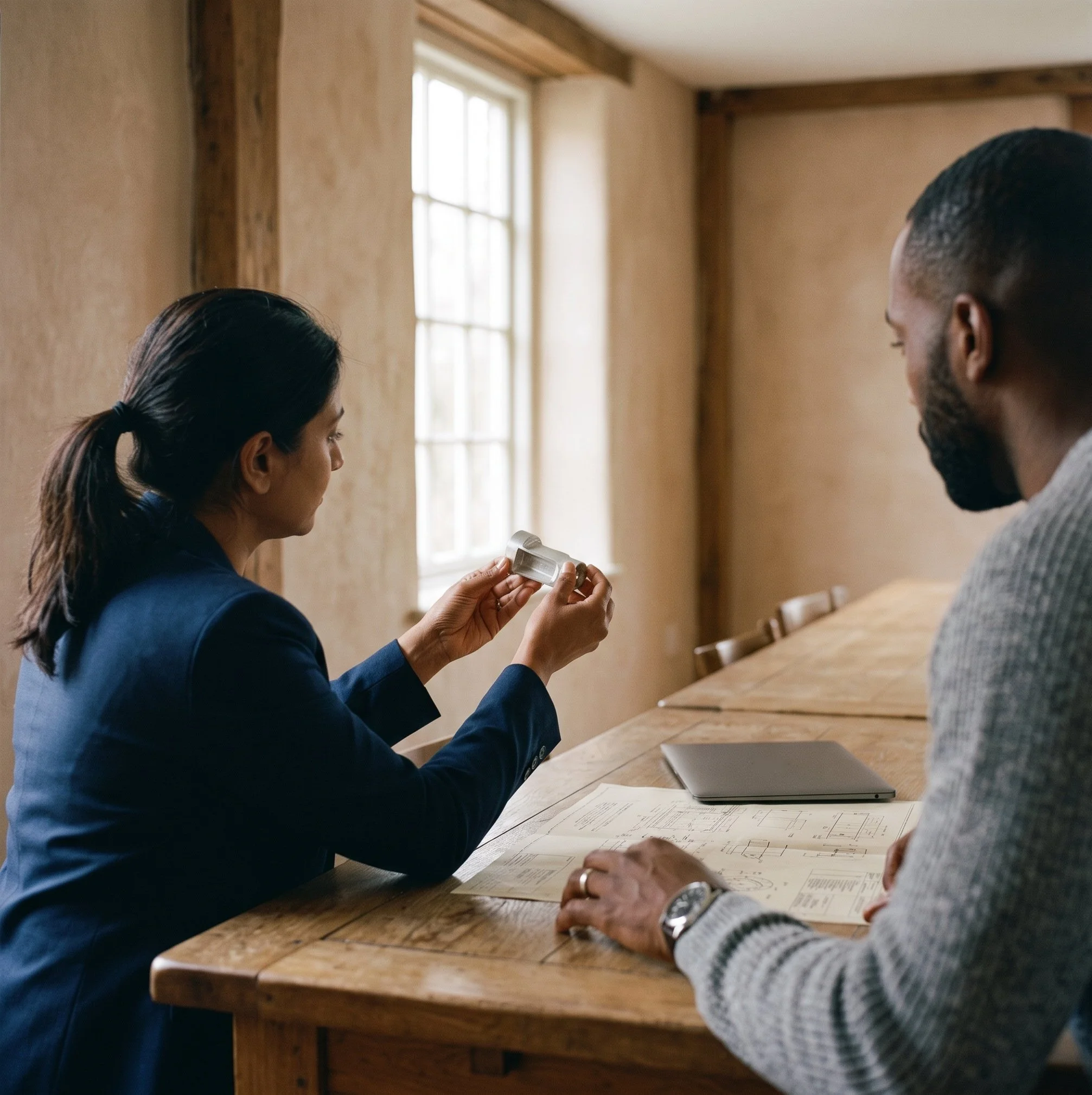 An investor and a founder examining a machined component by window light