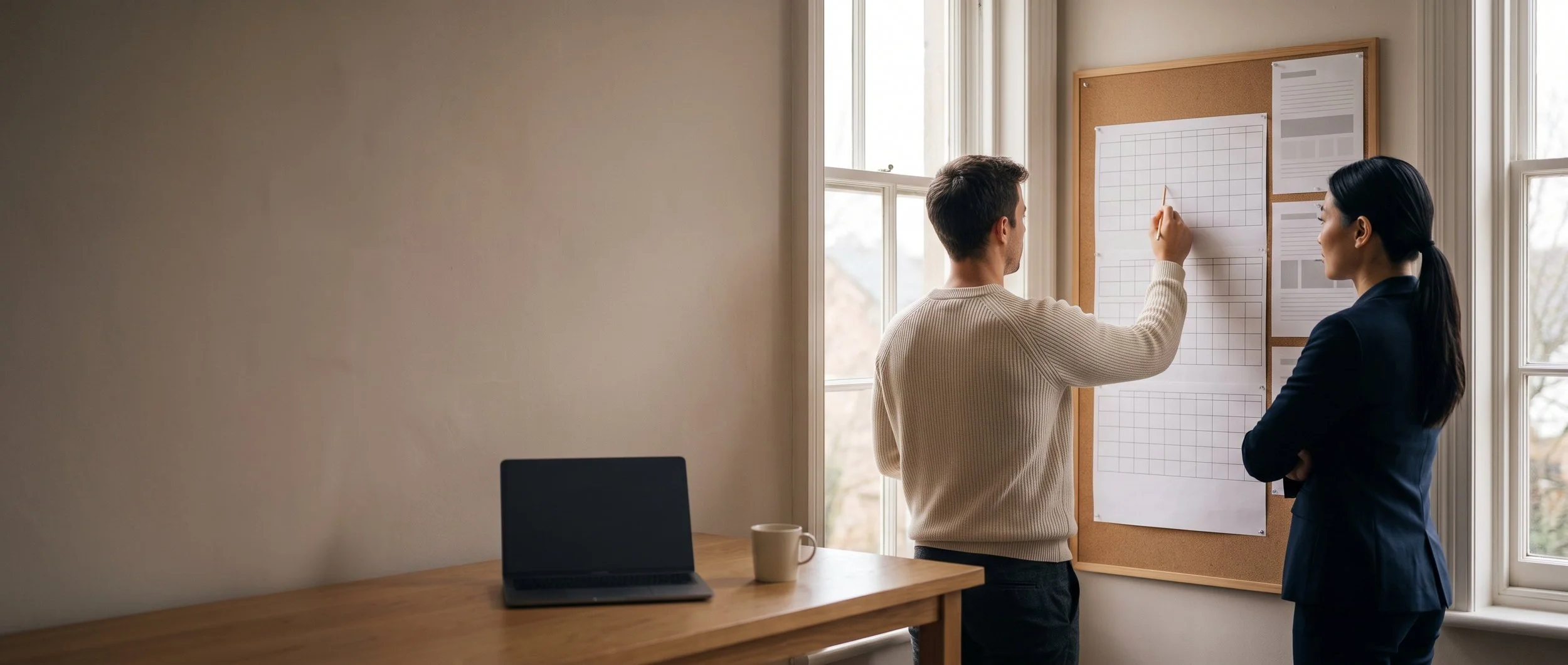 Three colleagues at a planning board beside a tall window
