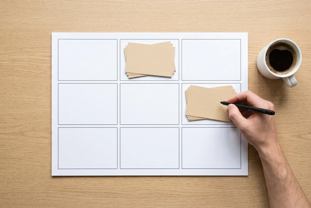 A printed strategy canvas on a desk with a pen and index cards