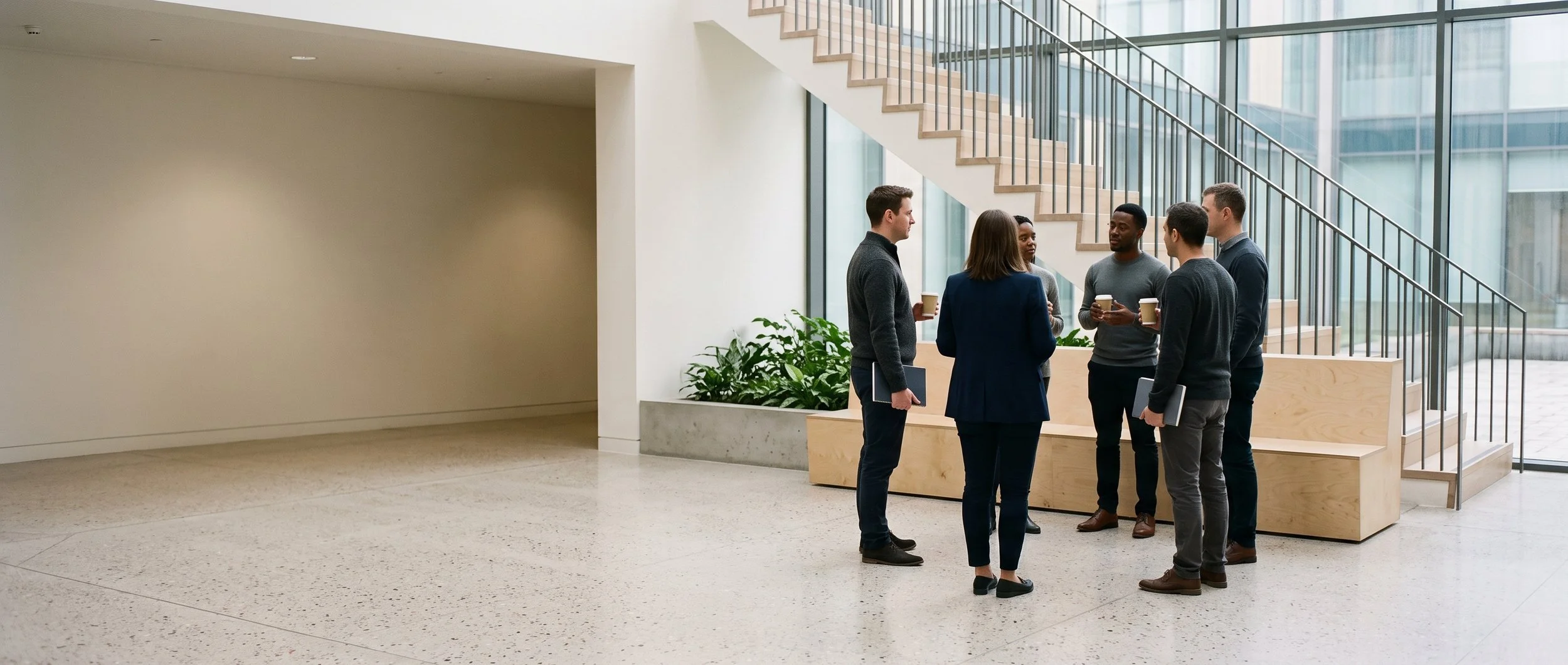 A group talking during a break in a university atrium