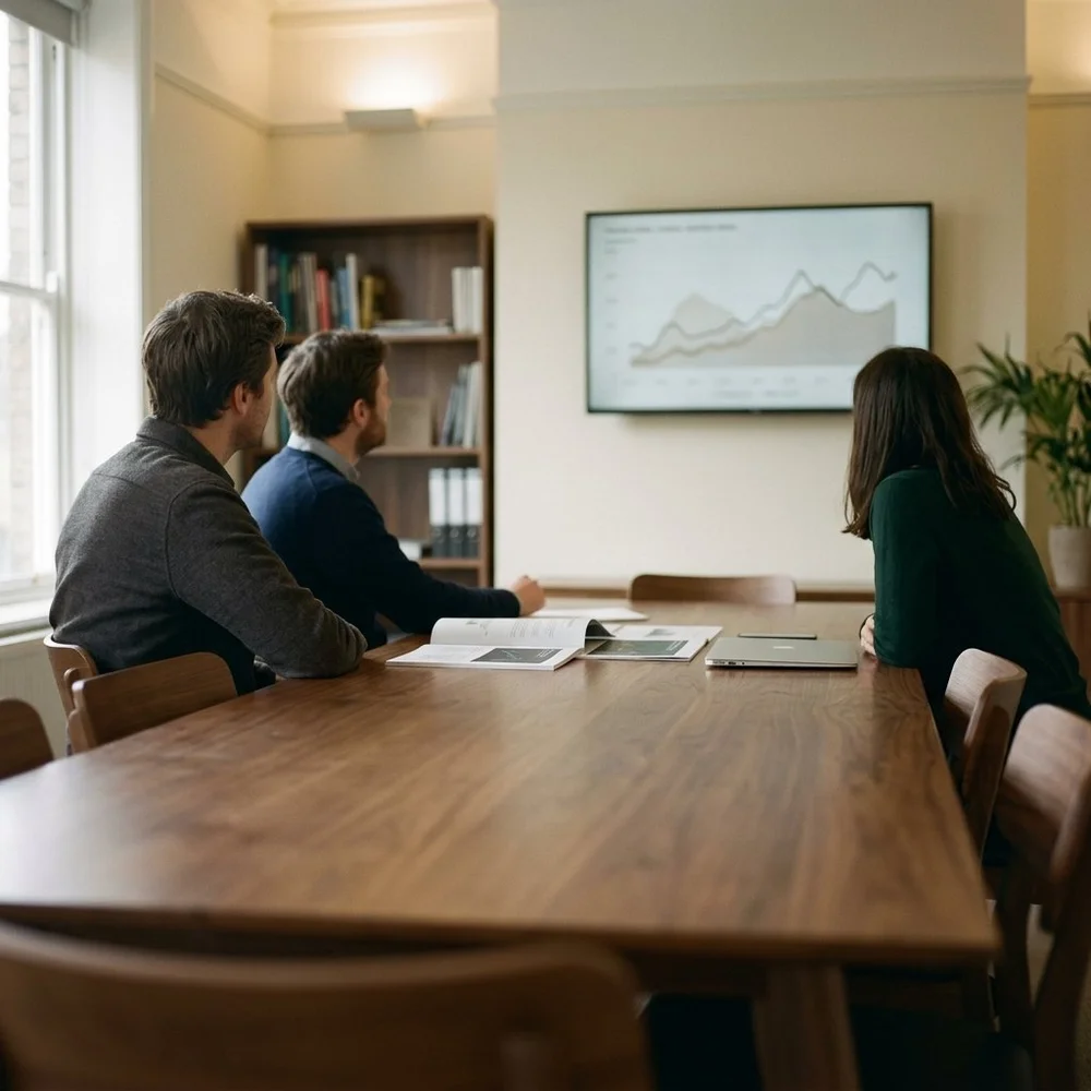Three people in a boardroom reviewing a chart on a wall screen