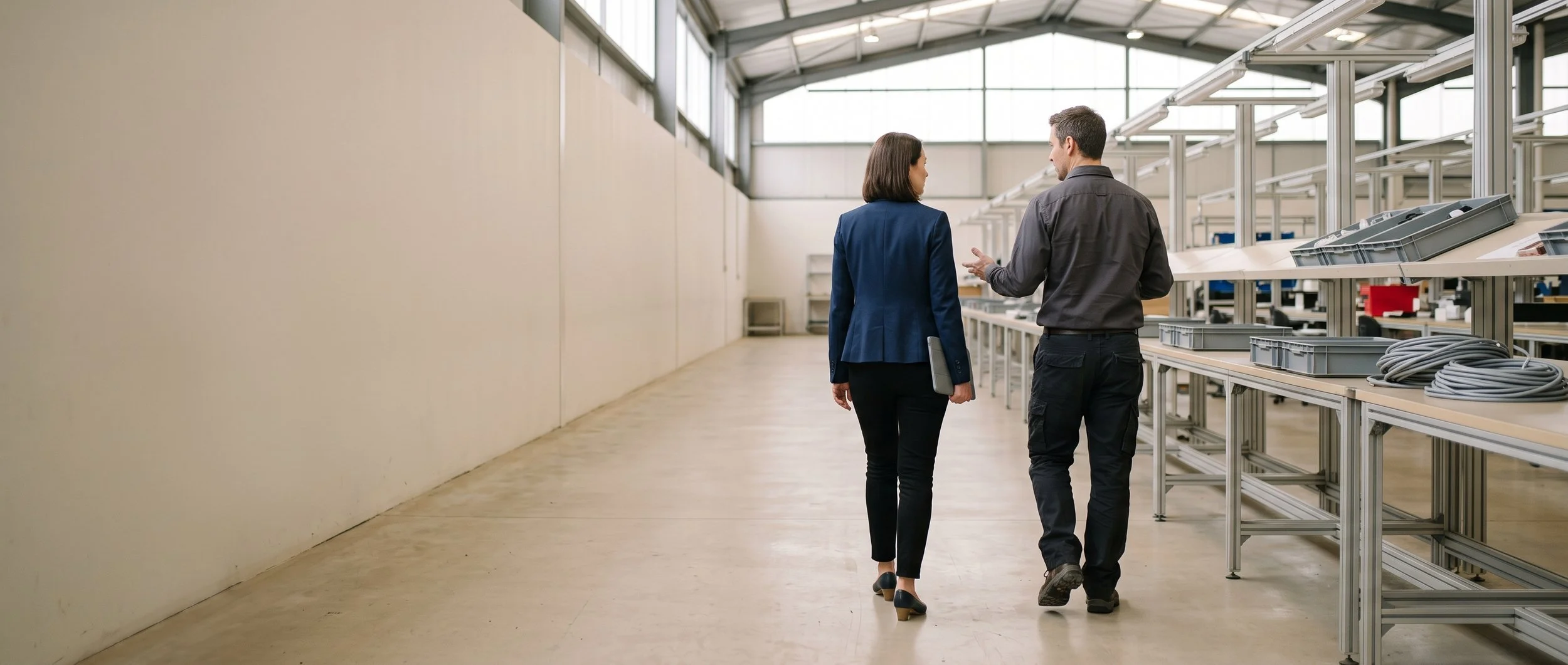 A manager and an engineer walking a line of assembly benches