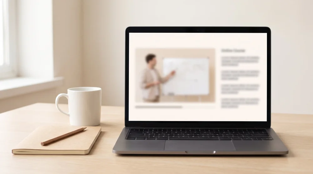 A laptop open on a desk showing an online course lesson