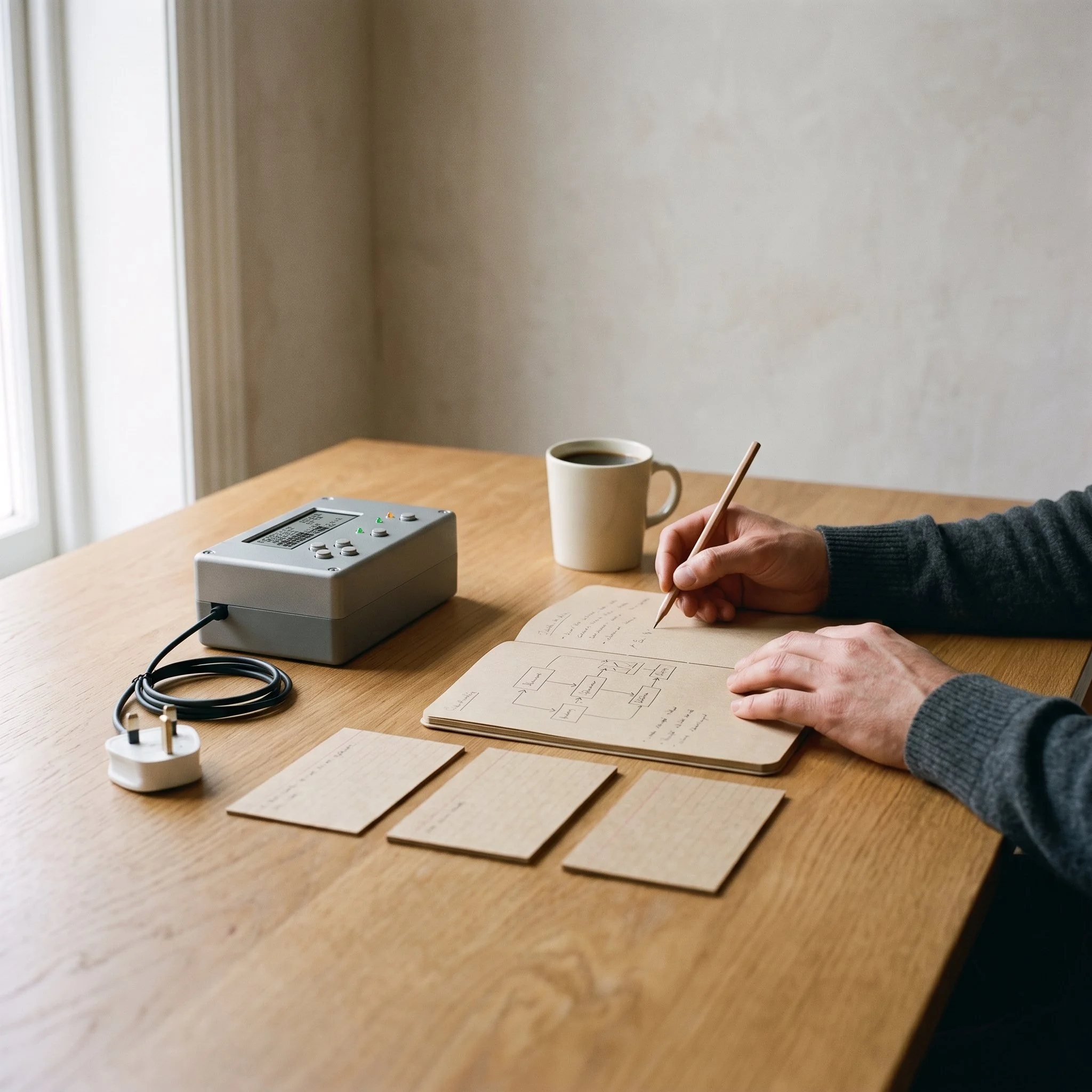 Hands sketching a block diagram in a notebook beside a prototype instrument and index cards