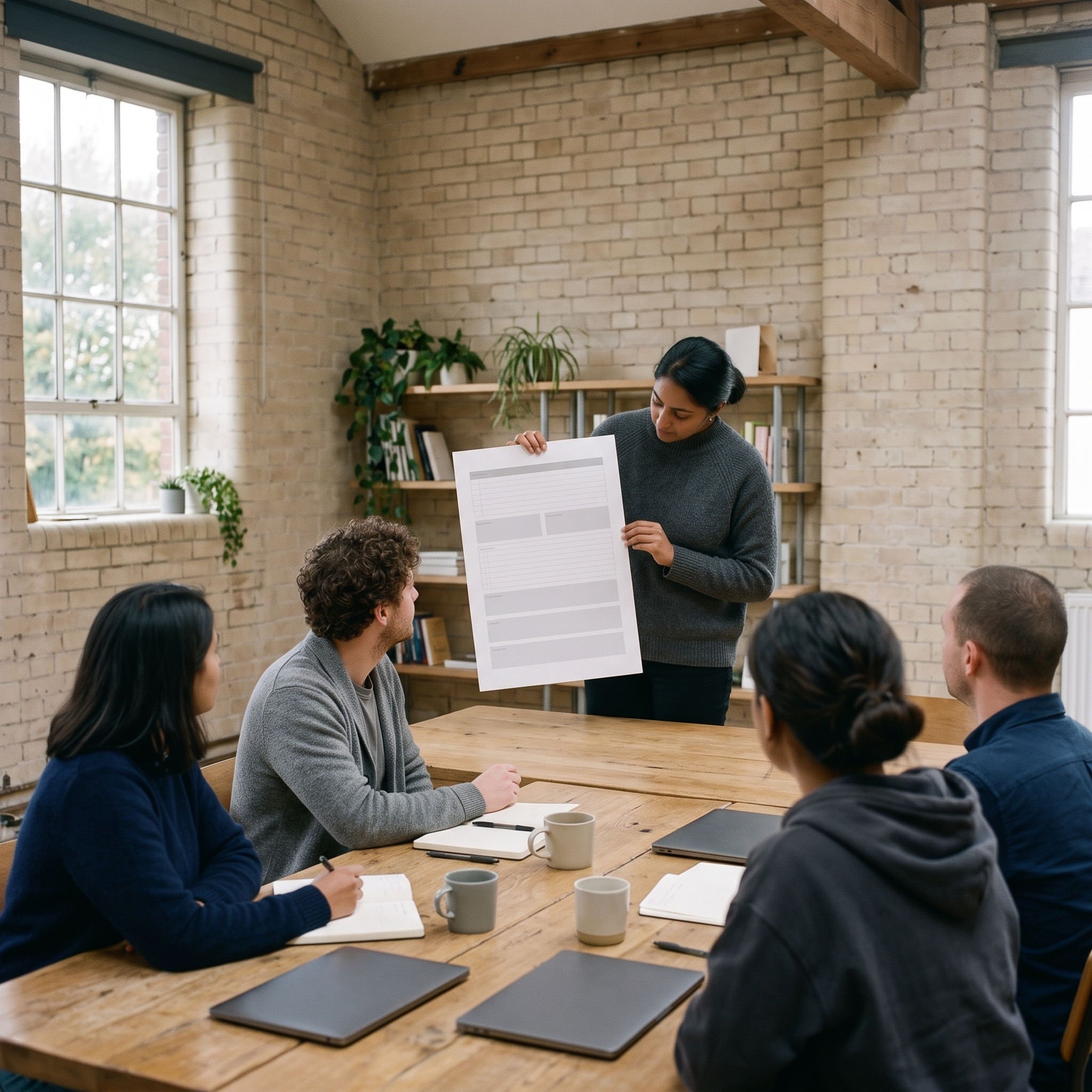 A facilitator and a seated cohort working over a printed sheet