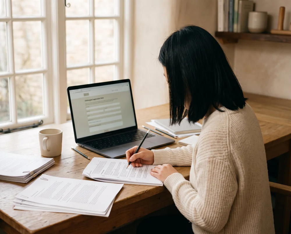 A founder annotating a printed grant application at an oak desk