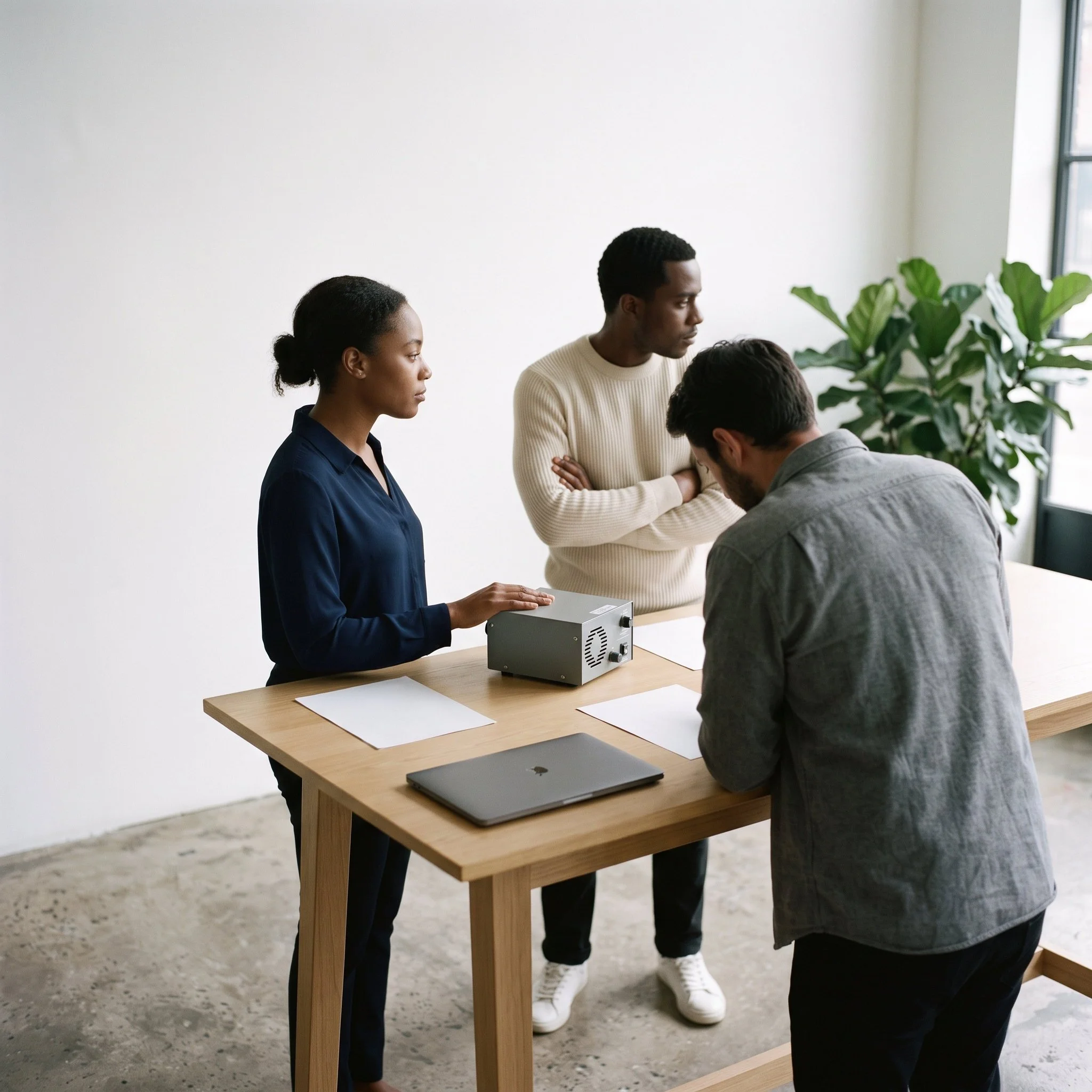 Three colleagues standing at a table around a prototype instrument