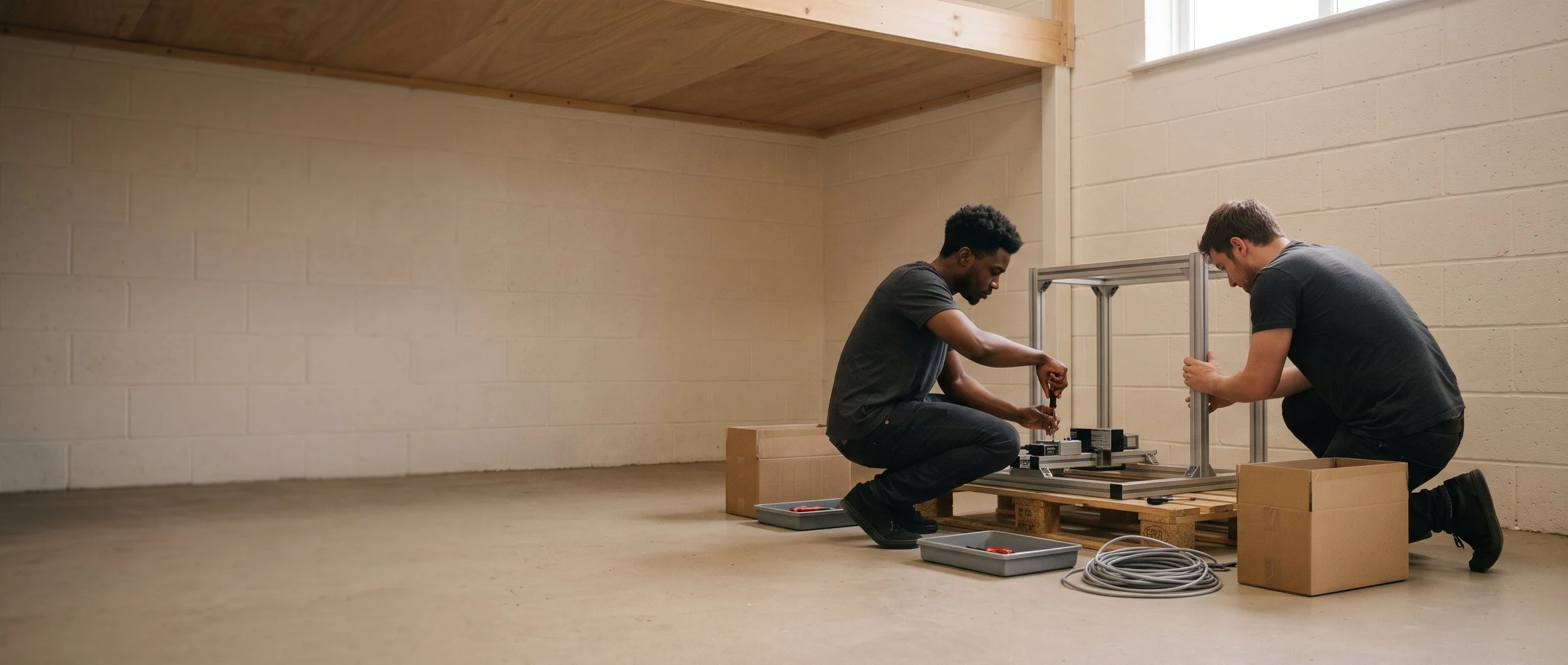 Two founders assembling a bench-top rig in a startup unit