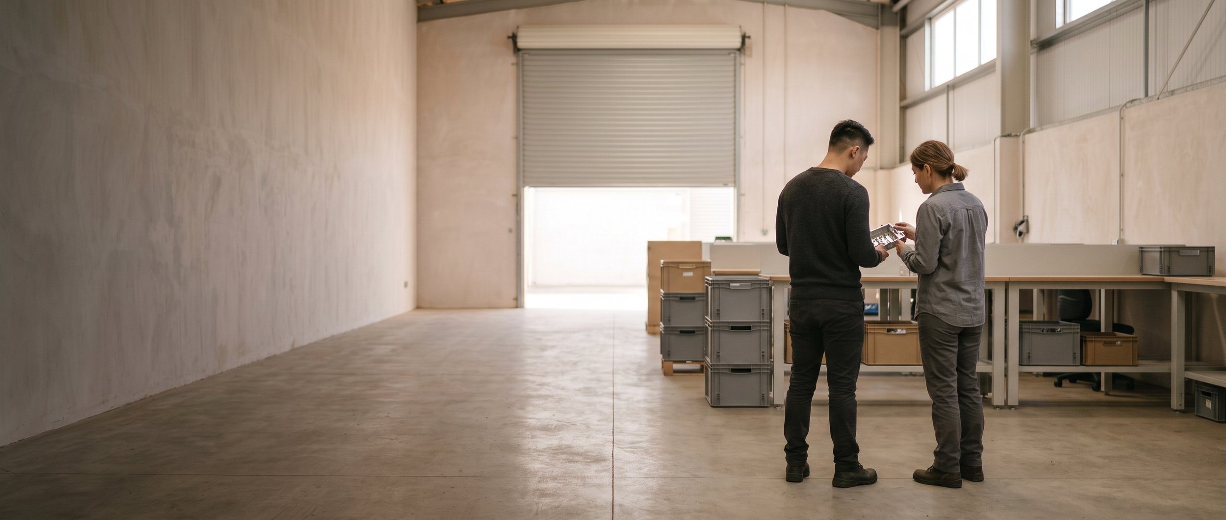 Two colleagues looking at a tablet together in a light-industrial unit