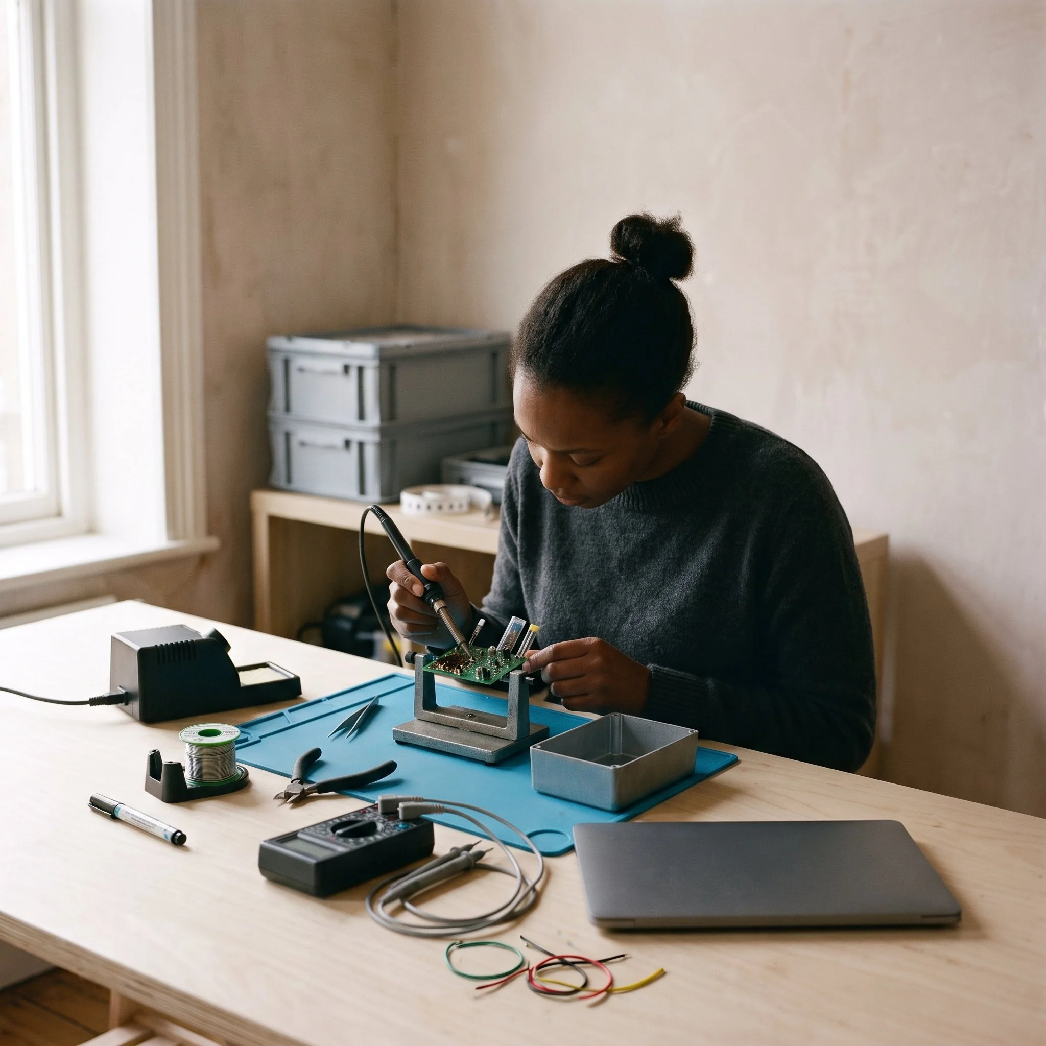 A founder soldering a circuit board at a bench