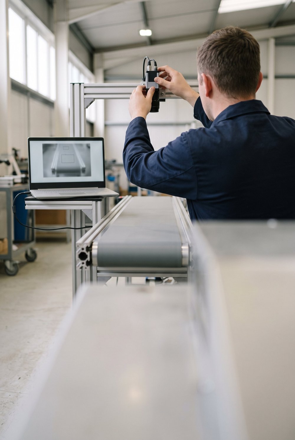 An engineer adjusting a machine-vision camera above a conveyor in a workshop