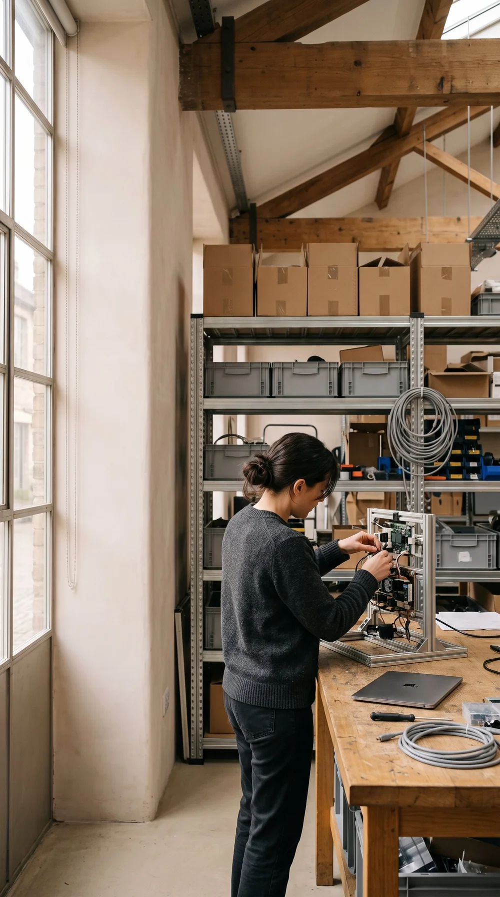 A founder at a tall workbench adjusting a prototype