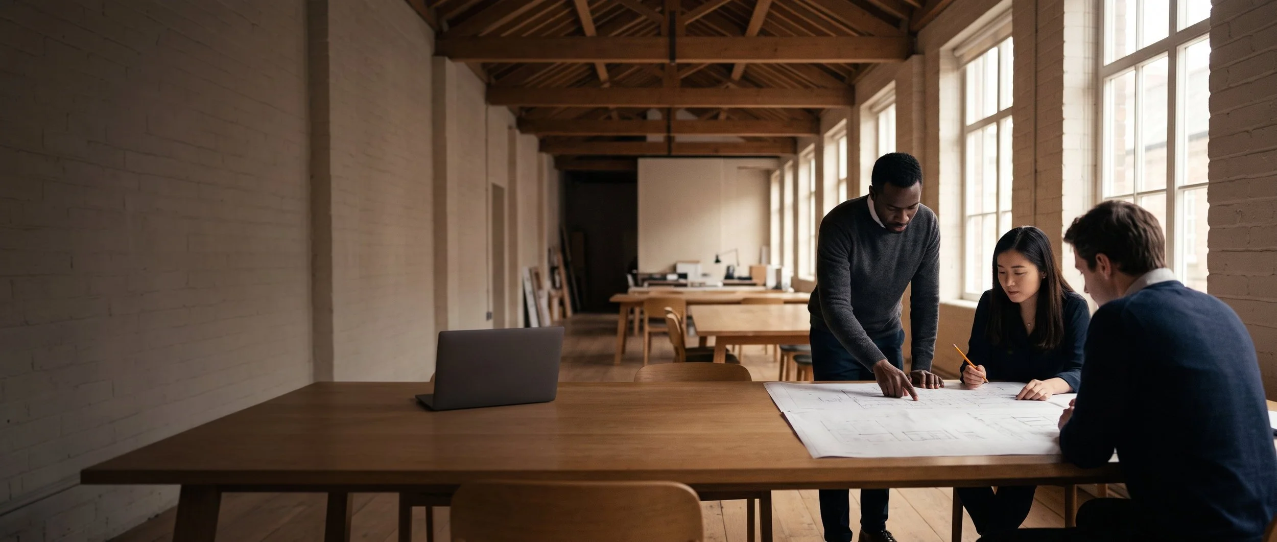 Colleagues working over a printed sheet in a converted-warehouse workshop