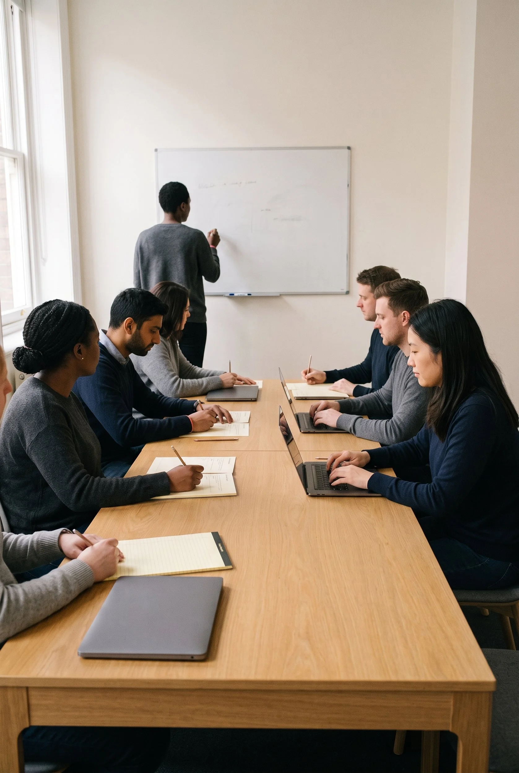 A cohort seated along a long table while a facilitator writes on a whiteboard