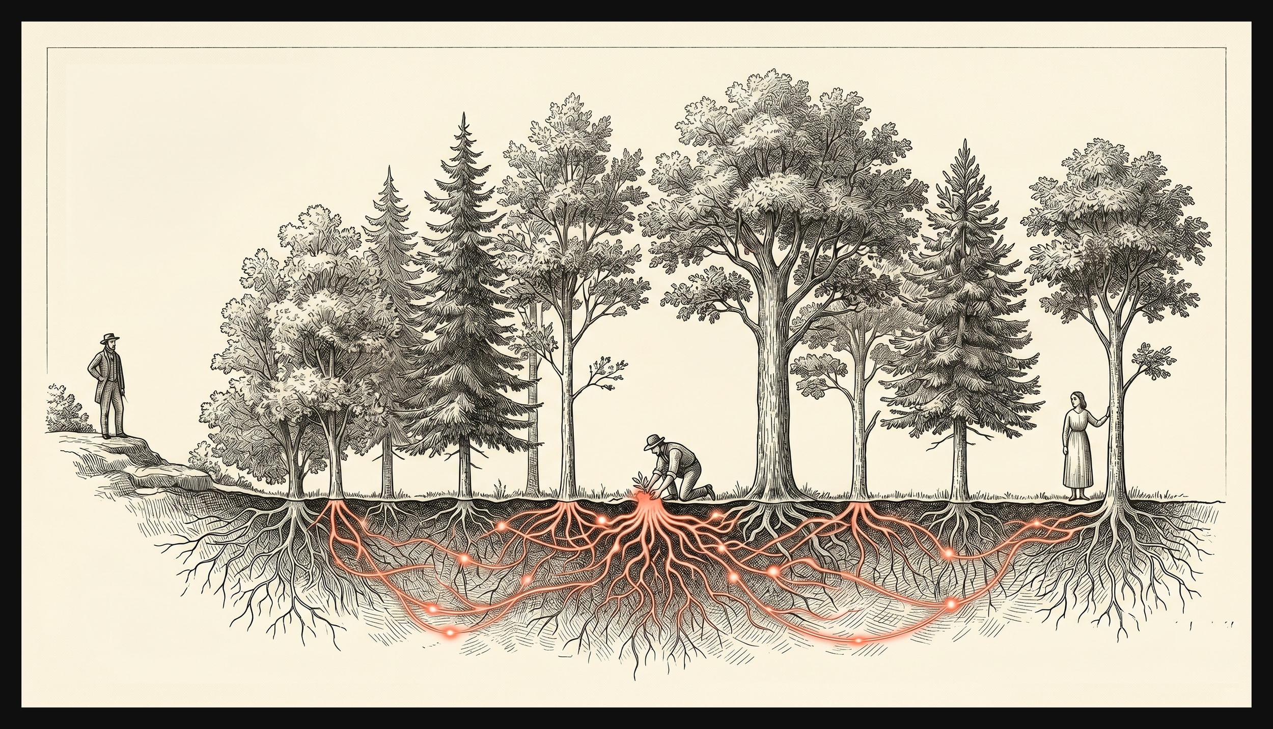 A naturalist engraving of a forest ecosystem: a steward surveys from a rise on the left, a gardener kneels tending the soil at centre, and a cohabitant stands by a single tree on the right, while a glowing coral mycorrhizal network links the trees' roots underground.