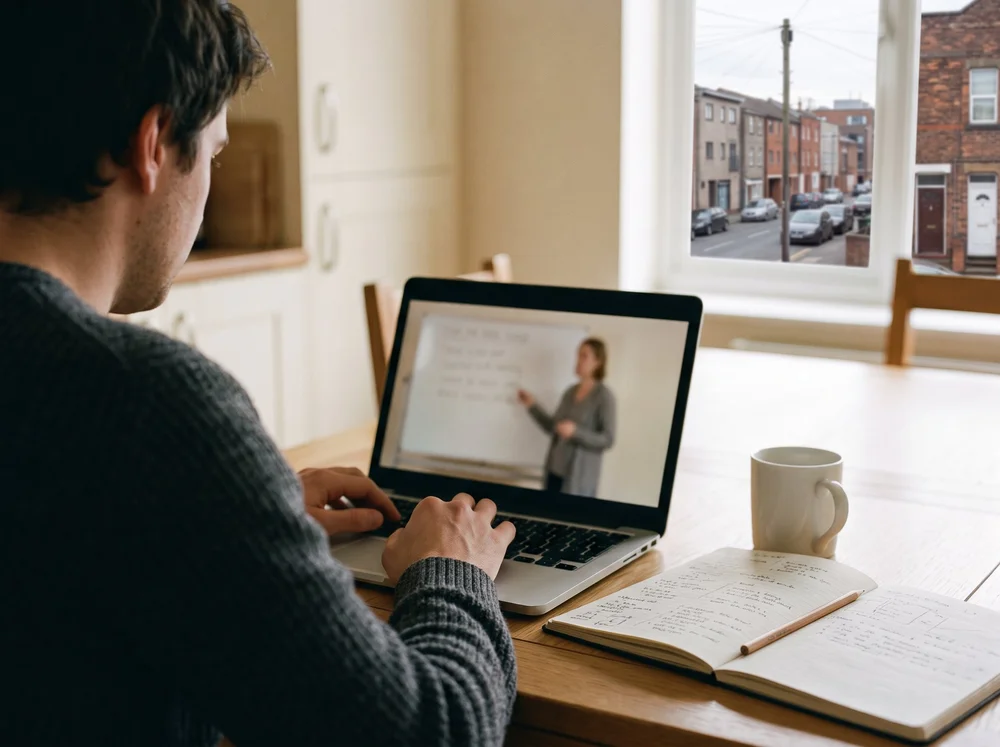 A person following an online course at a laptop by a window