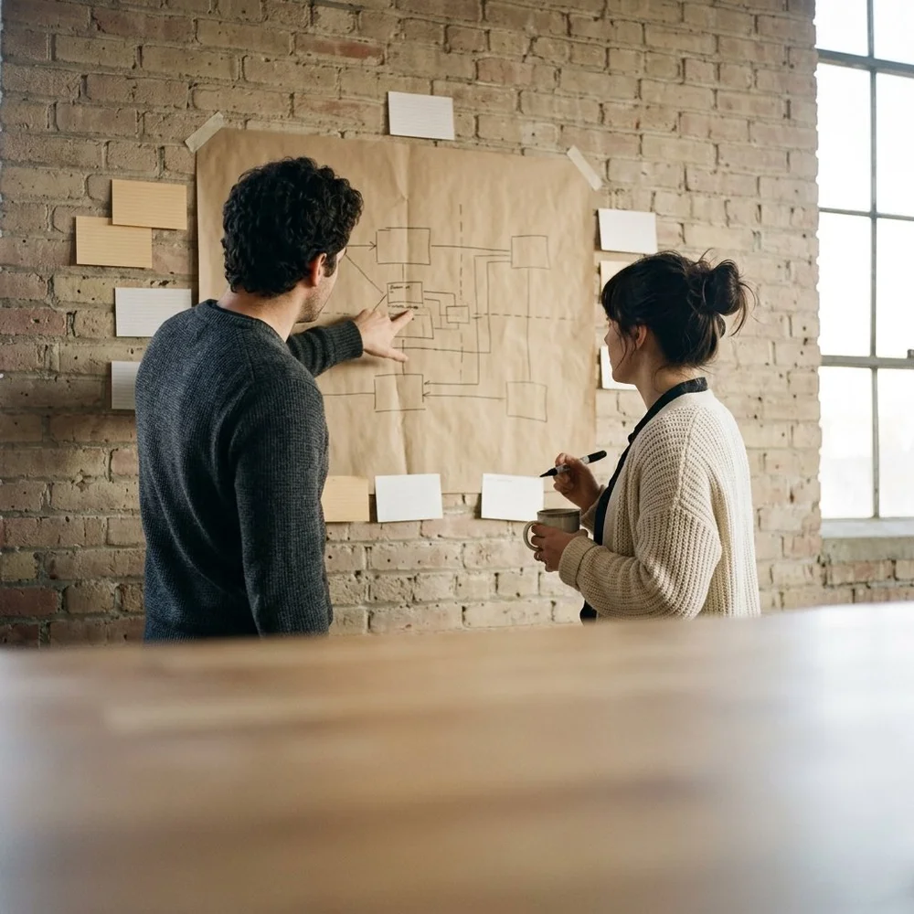 Two founders working through a system diagram pinned to a brick wall
