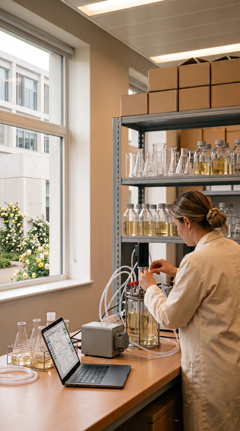 A researcher adjusting a bench-top bioreactor in an engineering biology laboratory