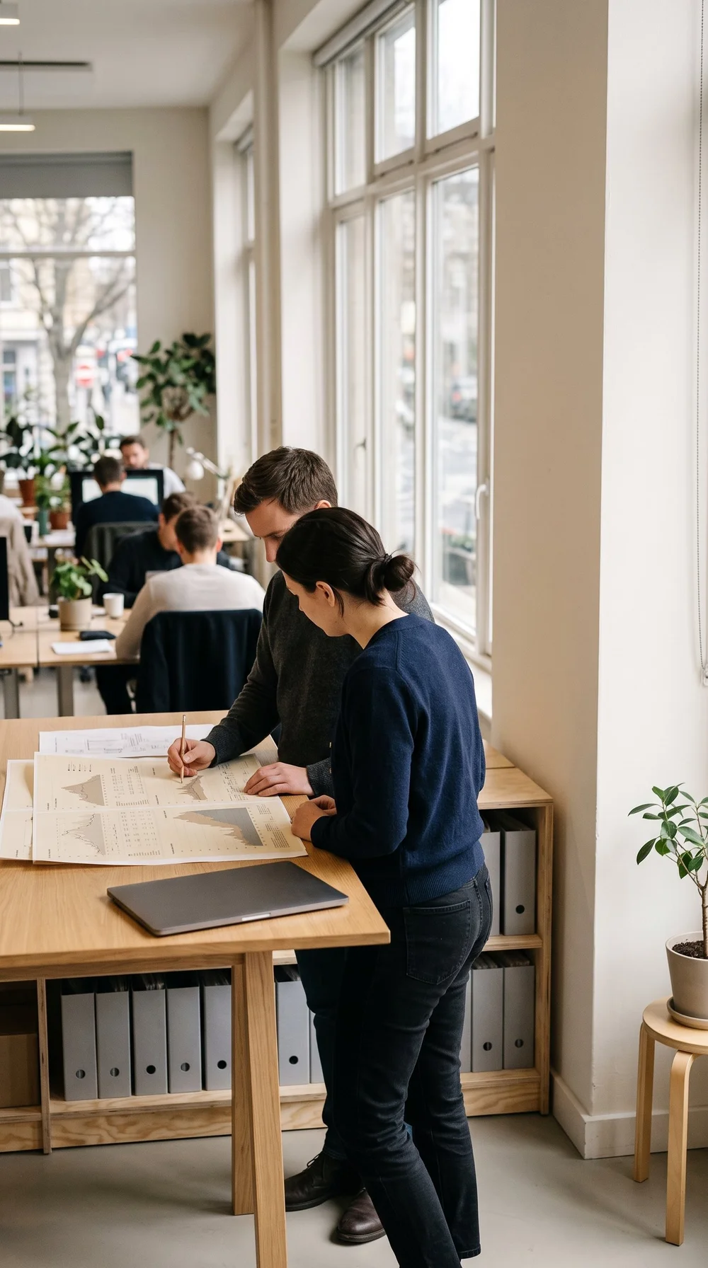 Two colleagues reviewing printed charts at a standing desk