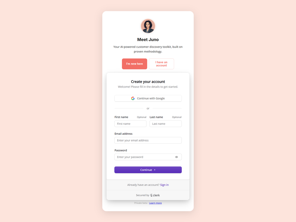 Juno create-account screen, secured by Clerk