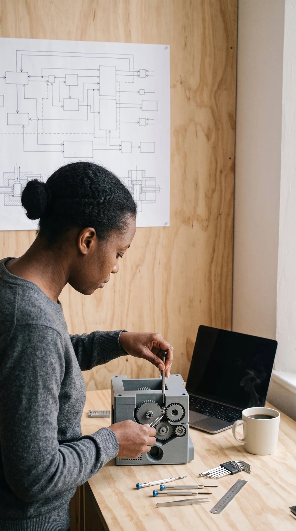 A technical founder at a pinned wall of hand-drawn system diagrams