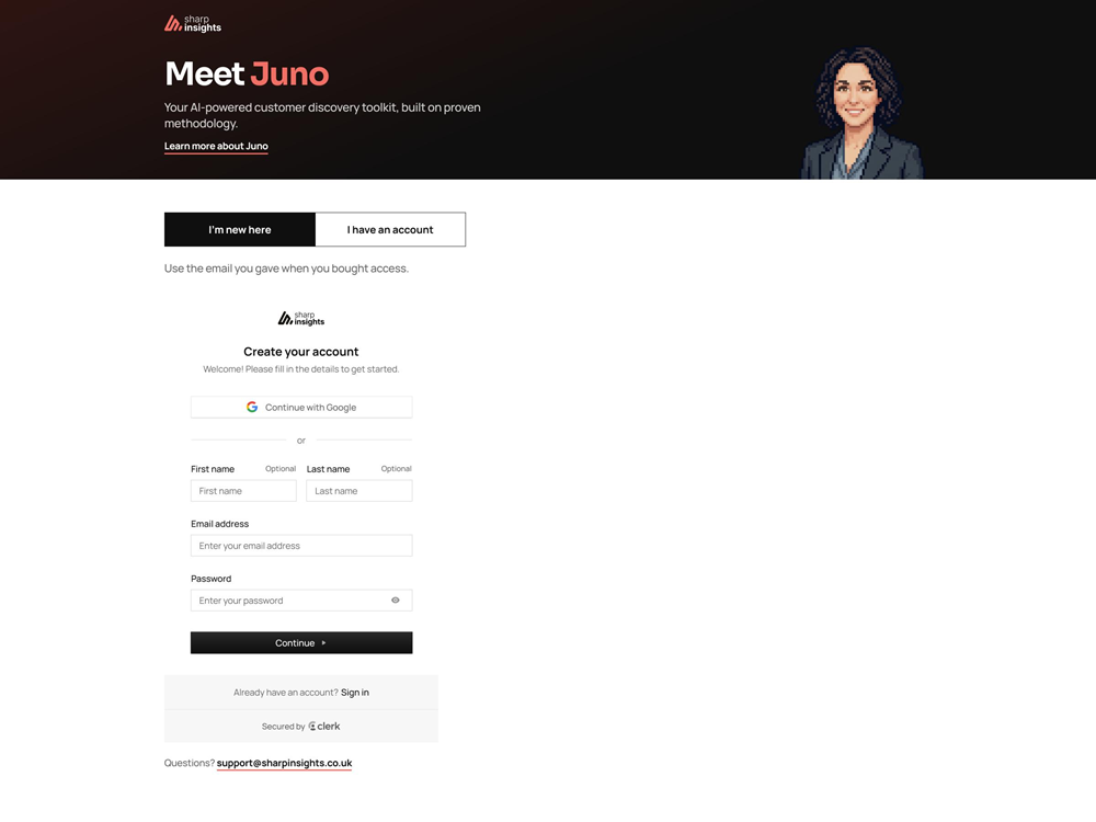 Juno create-account screen, secured by Clerk