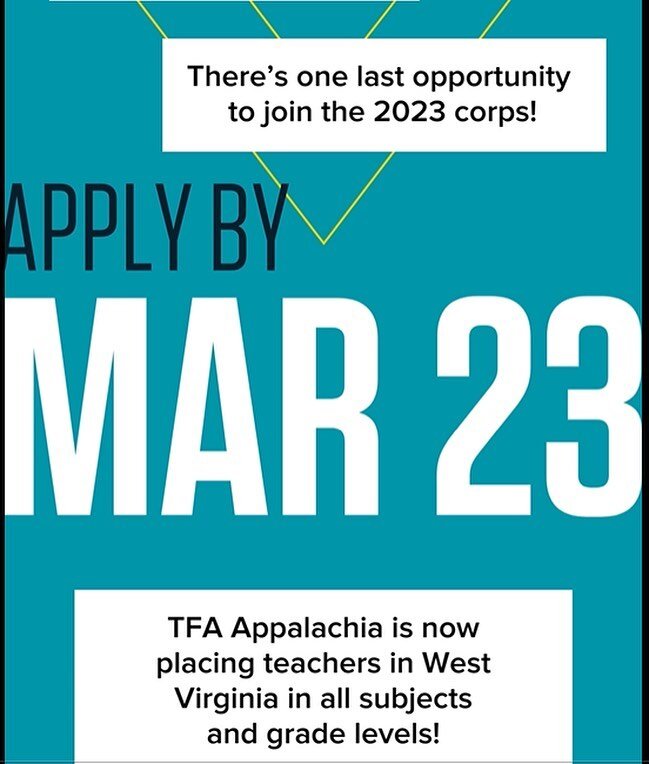 Did you hear? TFA Appalachia can place corps members in West Virginia in fall 2023 in addition to our EKY placements! The last deadline to apply is Thursday - check the link in our bio for more info.