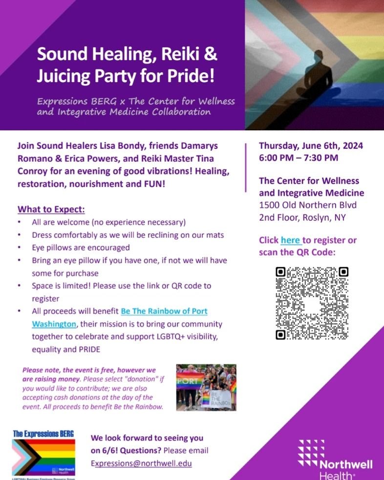 Sound Healing, Reiki &amp; Juicing Party for Pride Thursday, June 6 from 6-7:30pm. Registration required! 

The Center for Wellness and Integrative Medicine 
1500 Old Northern Blvd 2nd Floor Roslyn, NY

#pride #reiki #wellness #northwell #pridemonth 