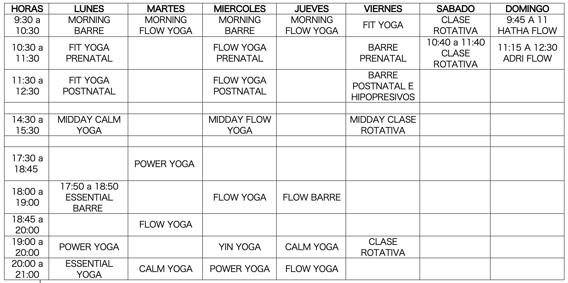 Horario yoga y barre