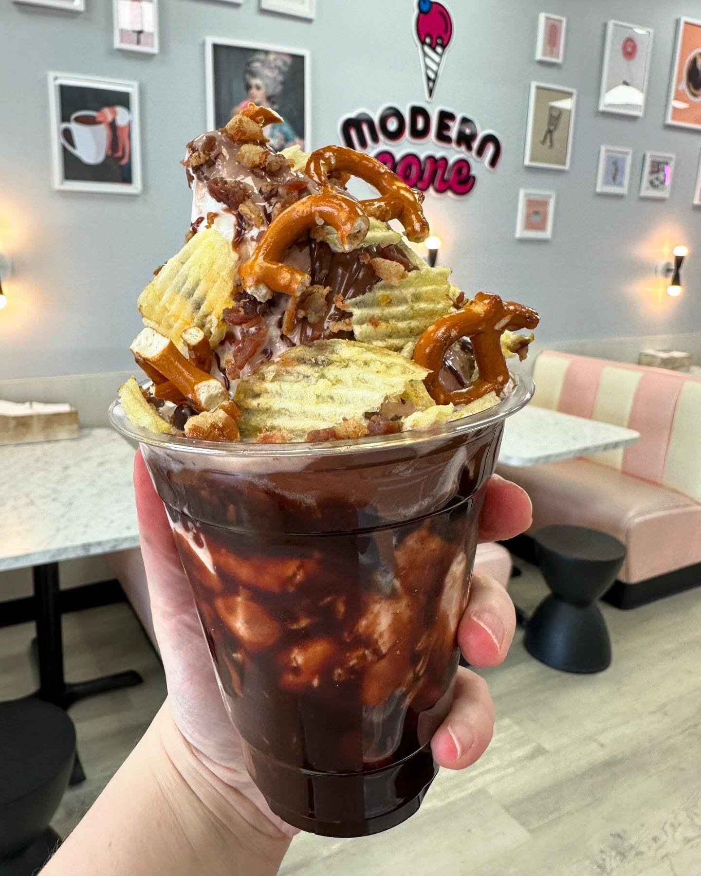 4/20 MUNCHIES STACKER - here until Sunday night ONLY
📍@moderncone
🍦your choice of ice cream stacked with hot fudge, nutella, potato chips, pretzels, and bacon crumbles