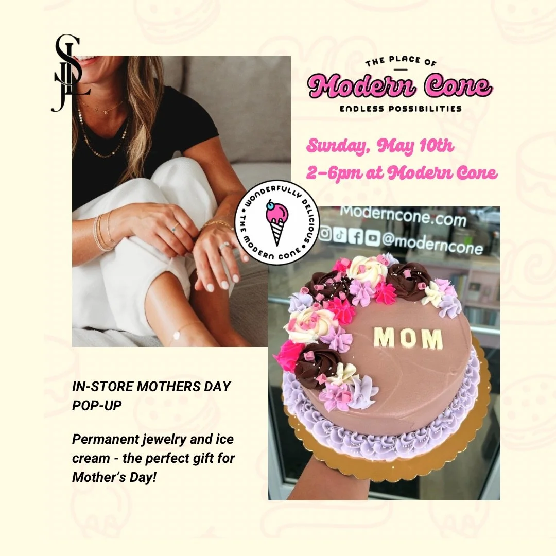 Sunday May 10th! Stop by from 2-6pm and treat your mom to the perfect gift! Permanent jewelry and ice cream! First come first serve. Grab a coffee or an ice cream while you wait! 🌸🌷🍦☕️