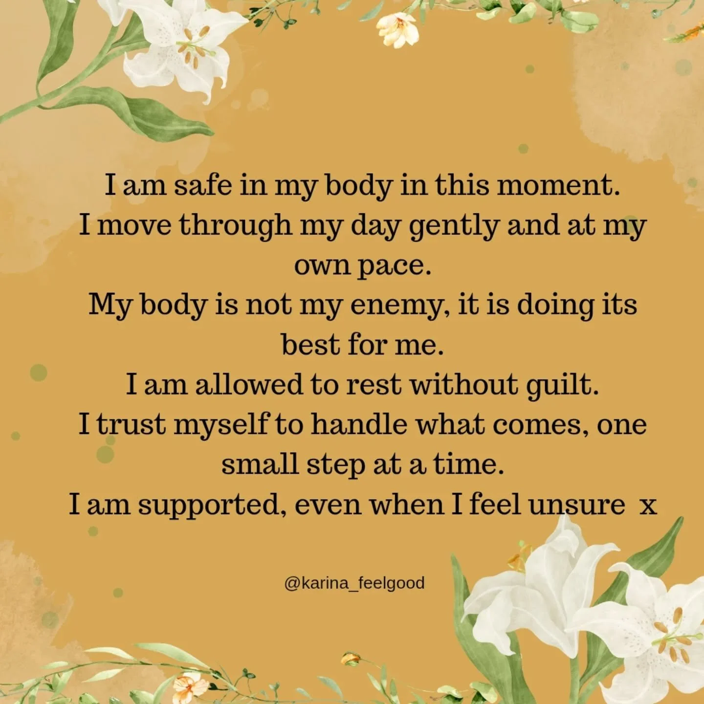 I am safe x

#wednesday #karinafeelgood #affirmations #iamsafe